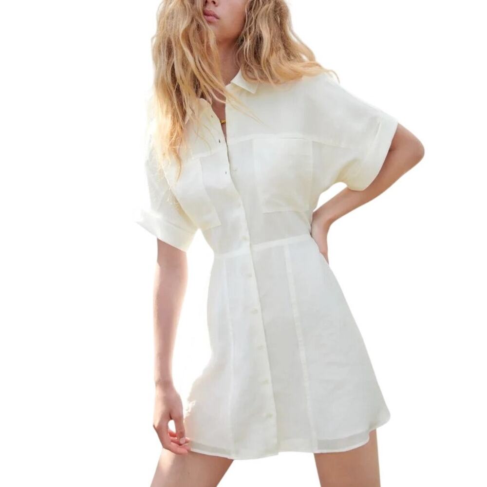 Zara Lined White Short Sleeve Button-Up Lightweight Shirt Short Dress – Sz L